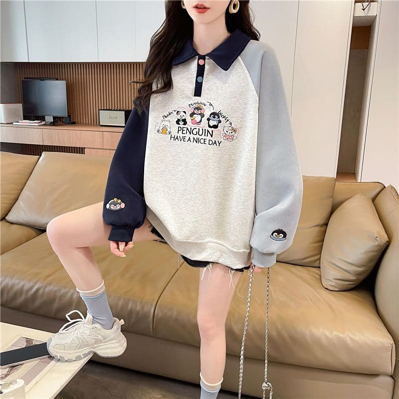 실사 2026 가을 의상 한국 스타일 루즈핏 자수 싸움 플러그 색상 후아 면 후드티 여성 상세 이미지 15