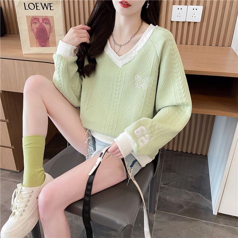 실사 2026 가을 의상 한국 스타일 루즈핏 자수 레이스 레이스 싸움 플러그 색상 폭발 자카드 후드티 여성 상세 이미지 5