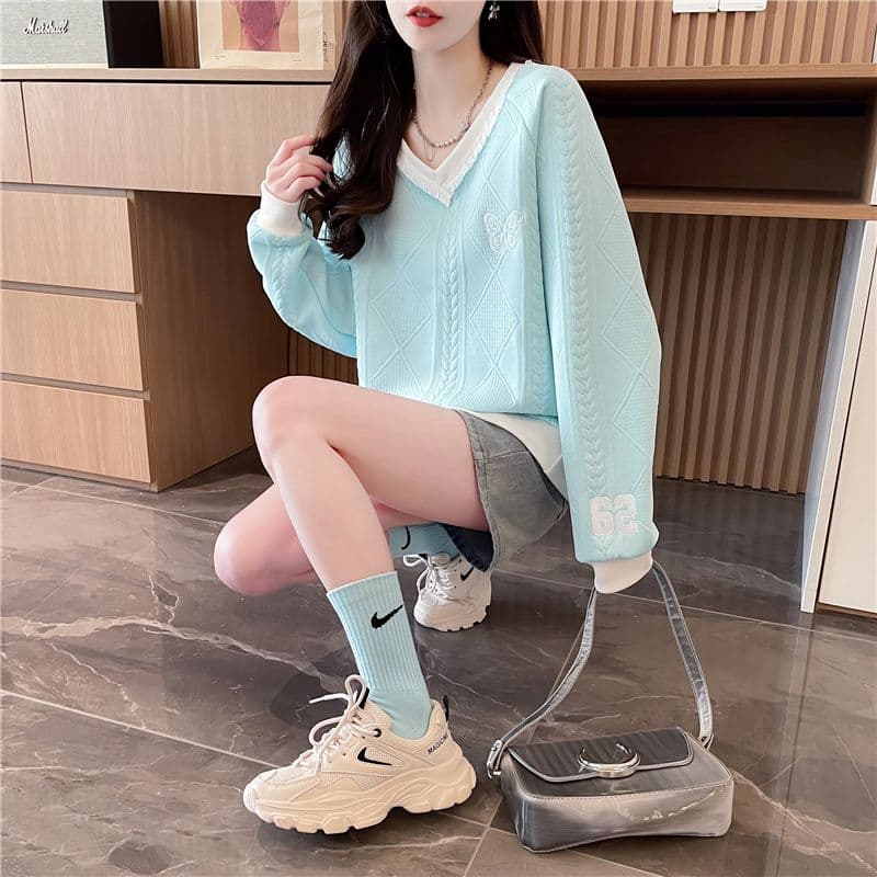 실사 2026 가을 의상 한국 스타일 루즈핏 자수 레이스 레이스 싸움 플러그 색상 폭발 자카드 후드티 여성 상세 이미지 12