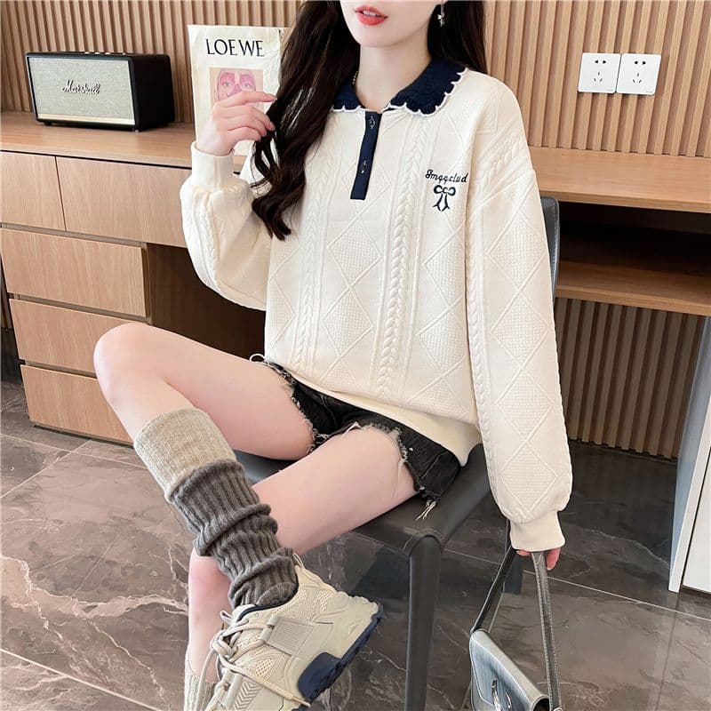 실사 2026 가을 의상 한국 스타일 루즈핏 자수 싸움 플러그 색상 폭발 자카드 POLO 칼라 후드티 여성 상세 이미지 3