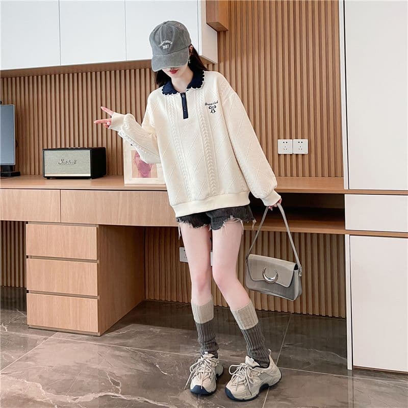 실사 2026 가을 의상 한국 스타일 루즈핏 자수 싸움 플러그 색상 폭발 자카드 POLO 칼라 후드티 여성 상세 이미지 6