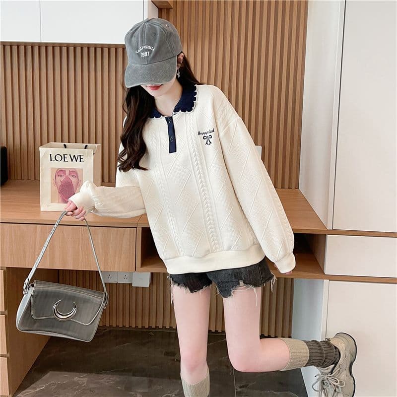 실사 2026 가을 의상 한국 스타일 루즈핏 자수 싸움 플러그 색상 폭발 자카드 POLO 칼라 후드티 여성 상세 이미지 7