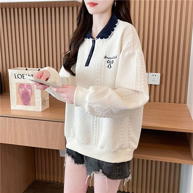 실사 2026 가을 의상 한국 스타일 루즈핏 자수 싸움 플러그 색상 폭발 자카드 POLO 칼라 후드티 여성 상세 이미지 9