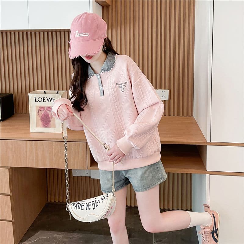 실사 2026 가을 의상 한국 스타일 루즈핏 자수 싸움 플러그 색상 폭발 자카드 POLO 칼라 후드티 여성 상세 이미지 23