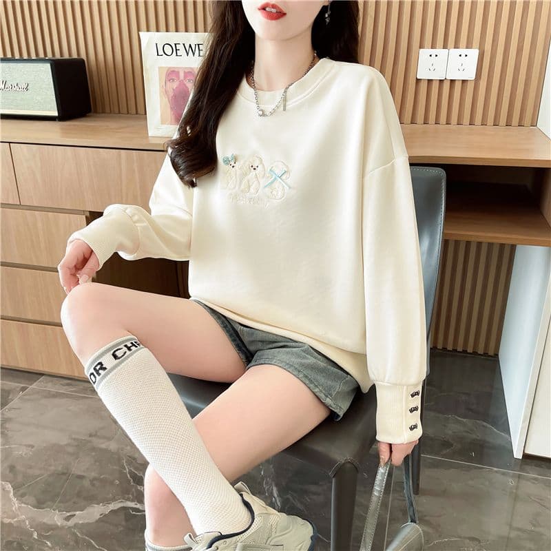 실사 2026 가을 의상 한국 스타일 루즈핏 모방 Mianhua 면 자수 폭발 얇은 스타일 후드티 여성 상세 이미지 13