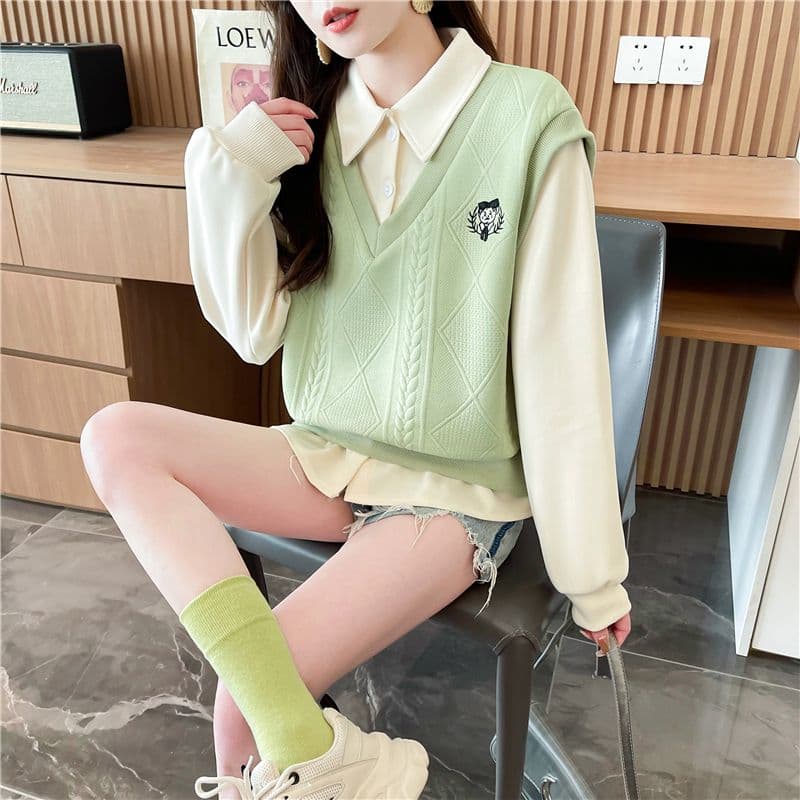실사 2026 가을 의상 한국 스타일 루즈핏 자수 싸움 플러그 색상 폭발 자카드 후드티 여성 상세 이미지 3
