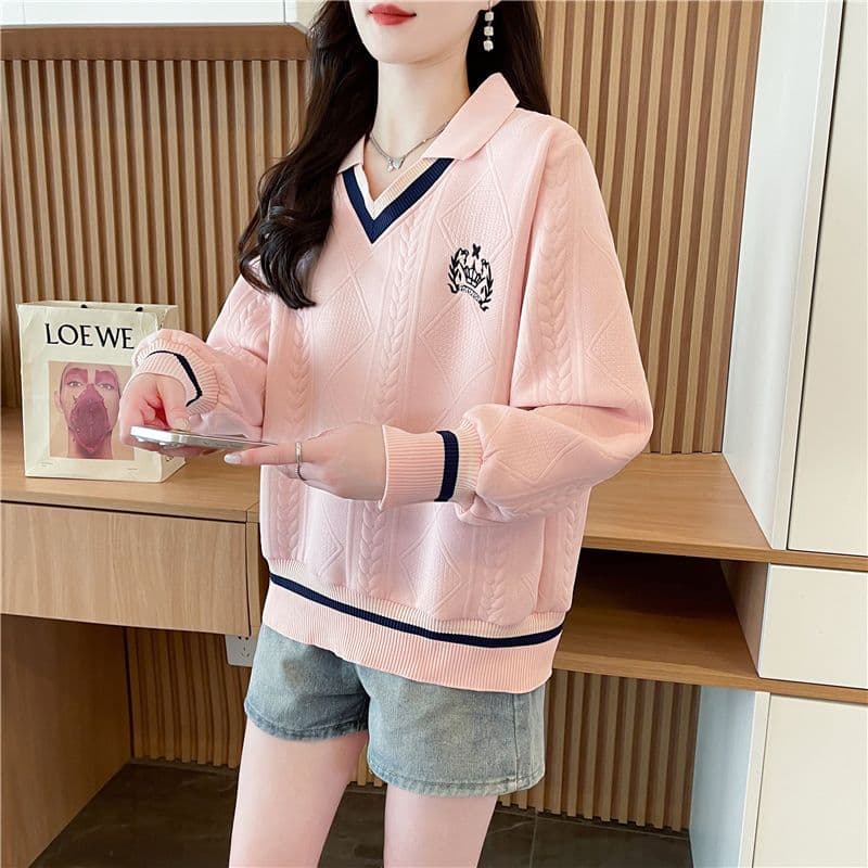 실사 2026 가을 의상 한국 스타일 루즈핏 자수 패치워크 리브 삽입 색상 폭발 자카드 후드티 여성 상세 이미지 9