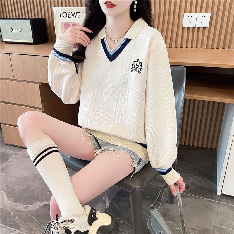 실사 2026 가을 의상 한국 스타일 루즈핏 자수 패치워크 리브 삽입 색상 폭발 자카드 후드티 여성 상세 이미지 12