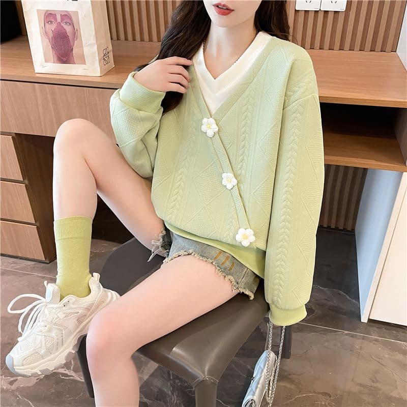 실사 2026 봄과 가을 옷 한국 스타일 루즈핏 3 차원 장식 꽃 싸움 플러그 색상 폭발 자카드 후드티 여성 상세 이미지 21