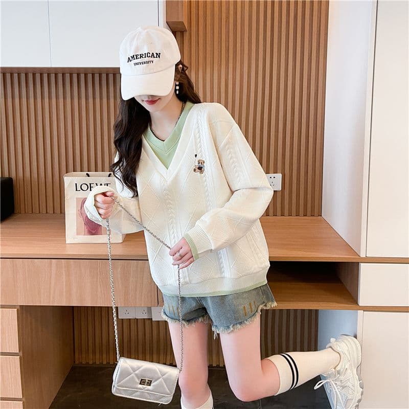 실사 2026 봄 가을 한국 스타일 루즈핏 자수 리브 싸움 플러그 색상 폭발 자카드 후드티 여성 상세 이미지 7