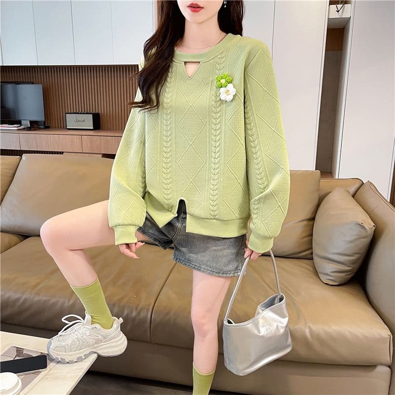 실사 2026 봄 가을 한국 스타일 루즈핏 리브 3 차원 꽃 패치워크 홀로우 아웃 작은 디자인 자카드 후드티 여성 상세 이미지 7