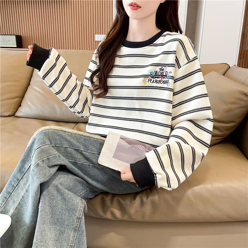 실사 2026 봄 가을 한국 스타일 루즈핏 스트라이프 자수 싸움 플러그 색상 후아 면 후드티 여성 상세 이미지 5
