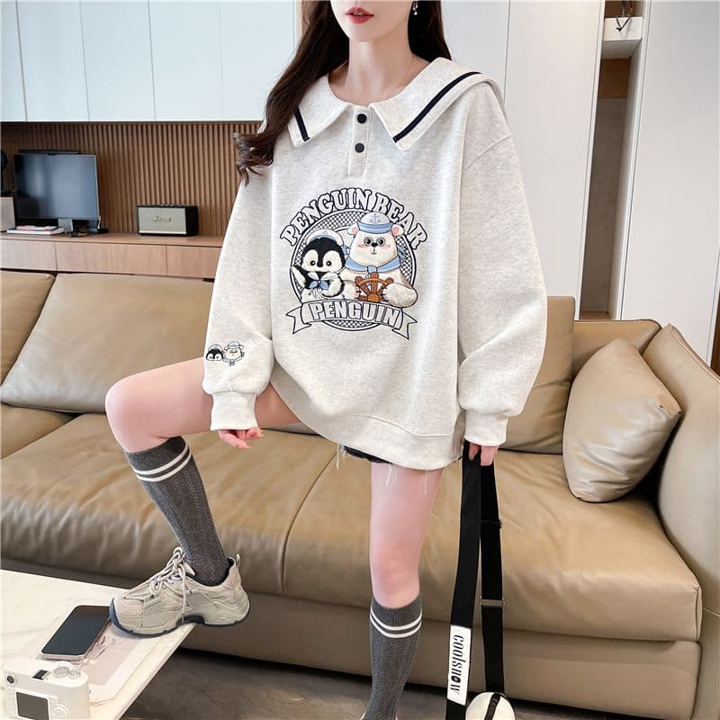 실사 2026 봄 가을 한국 스타일 루즈핏 해군 칼라 자수 패치워크 후아 면 후드티 여성