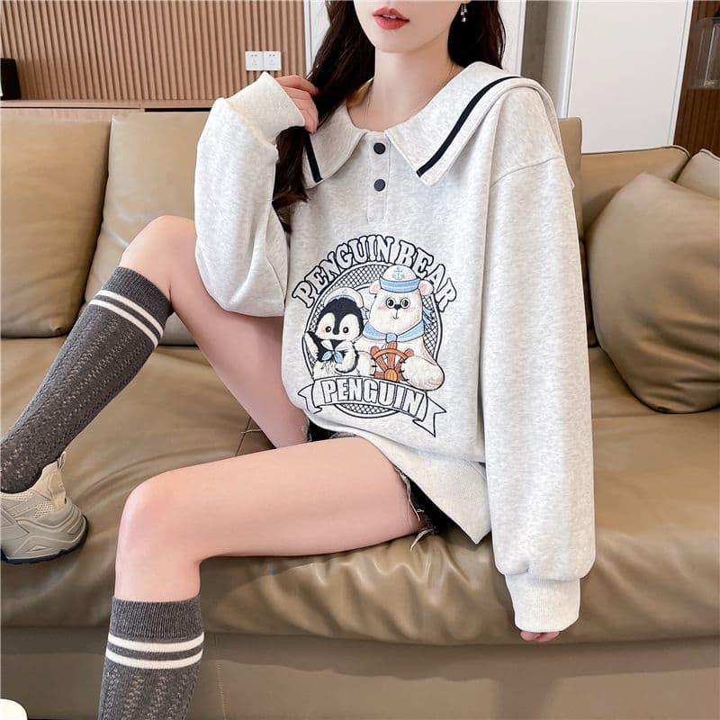 실사 2026 봄 가을 한국 스타일 루즈핏 해군 칼라 자수 패치워크 후아 면 후드티 여성 상세 이미지 3