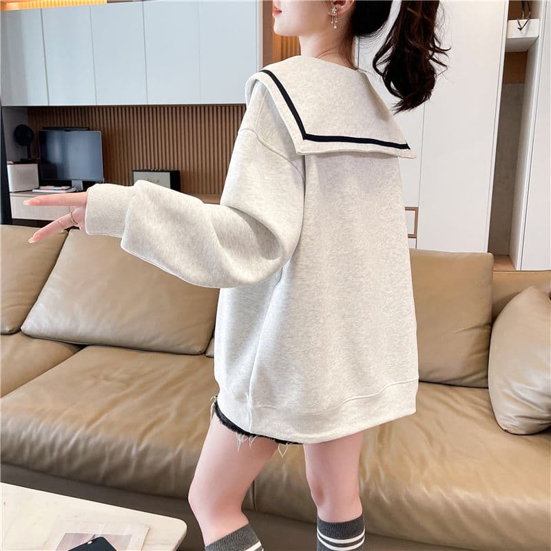 실사 2026 봄 가을 한국 스타일 루즈핏 해군 칼라 자수 패치워크 후아 면 후드티 여성 상세 이미지 4