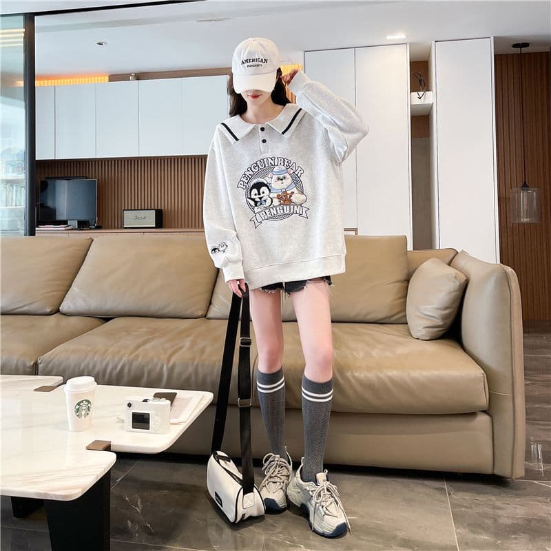 실사 2026 봄 가을 한국 스타일 루즈핏 해군 칼라 자수 패치워크 후아 면 후드티 여성 상세 이미지 6