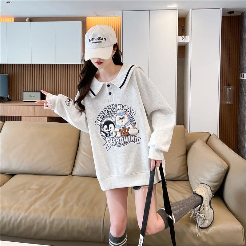 실사 2026 봄 가을 한국 스타일 루즈핏 해군 칼라 자수 패치워크 후아 면 후드티 여성 상세 이미지 7