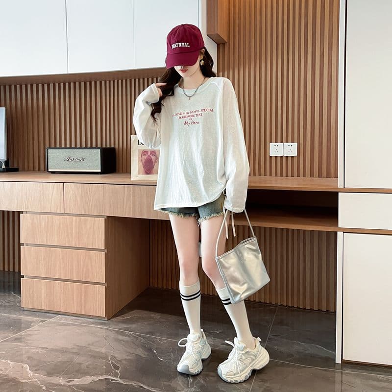 실사 2026 봄 가을 50 면 눈꽃 면 캐주얼 한국 스타일 루즈핏 맨위 긴팔 티셔츠 여성 상세 이미지 2
