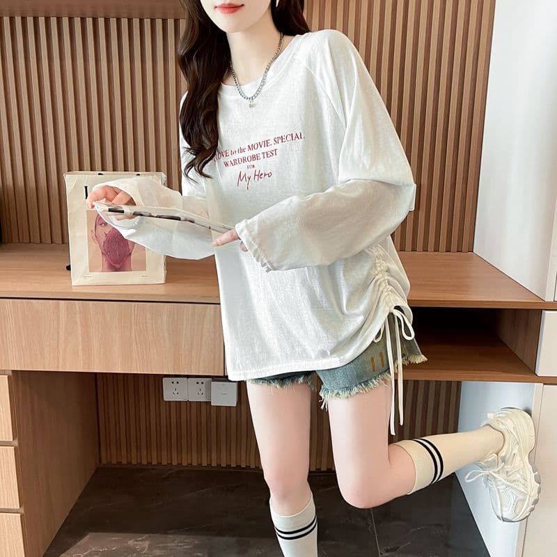 실사 2026 봄 가을 50 면 눈꽃 면 캐주얼 한국 스타일 루즈핏 맨위 긴팔 티셔츠 여성 상세 이미지 4