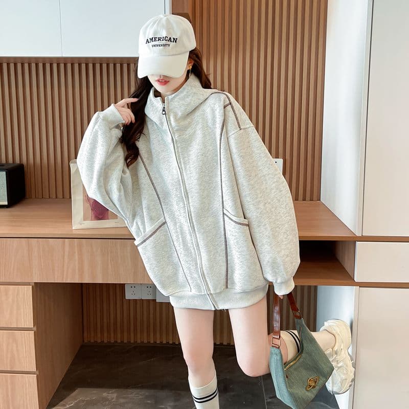 순수한 Mianhua 면 복합 우유 실크 한국 스타일 루즈핏 후드 재킷 얇은 스타일 후드티 여성 상세 이미지 3