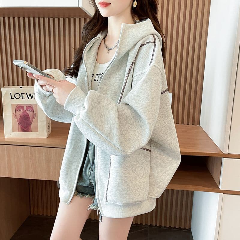 순수한 Mianhua 면 복합 우유 실크 한국 스타일 루즈핏 후드 재킷 얇은 스타일 후드티 여성 상세 이미지 4