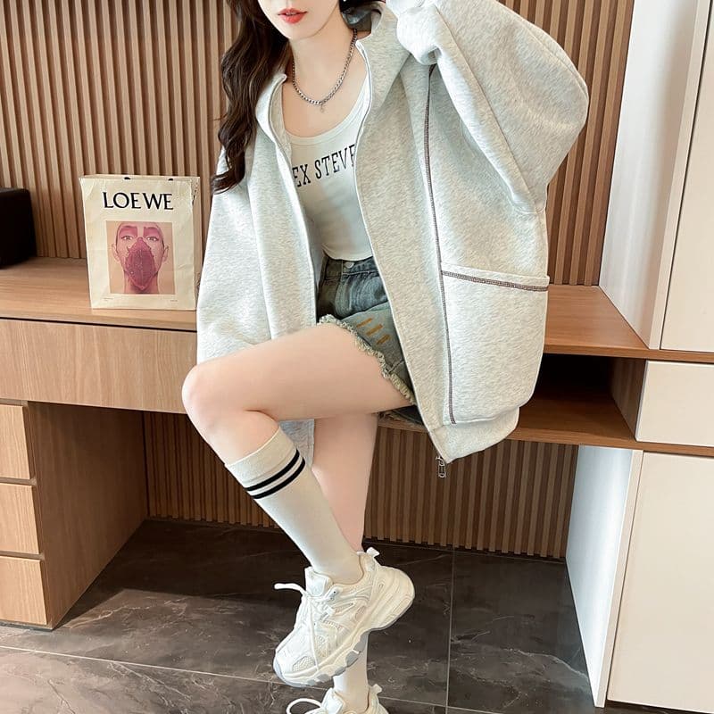 순수한 Mianhua 면 복합 우유 실크 한국 스타일 루즈핏 후드 재킷 얇은 스타일 후드티 여성 상세 이미지 6