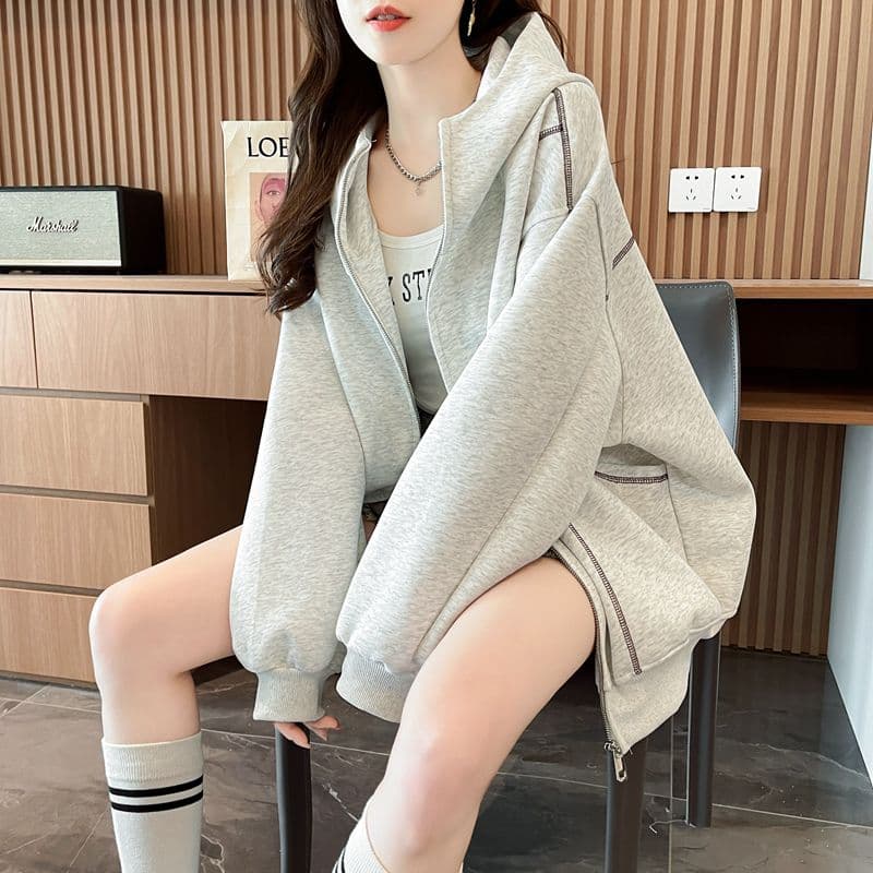 순수한 Mianhua 면 복합 우유 실크 한국 스타일 루즈핏 후드 재킷 얇은 스타일 후드티 여성 상세 이미지 9