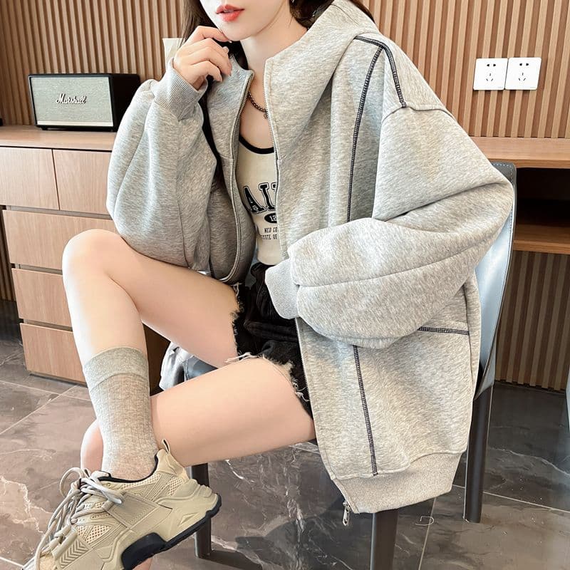 순수한 Mianhua 면 복합 우유 실크 한국 스타일 루즈핏 후드 재킷 얇은 스타일 후드티 여성 상세 이미지 10