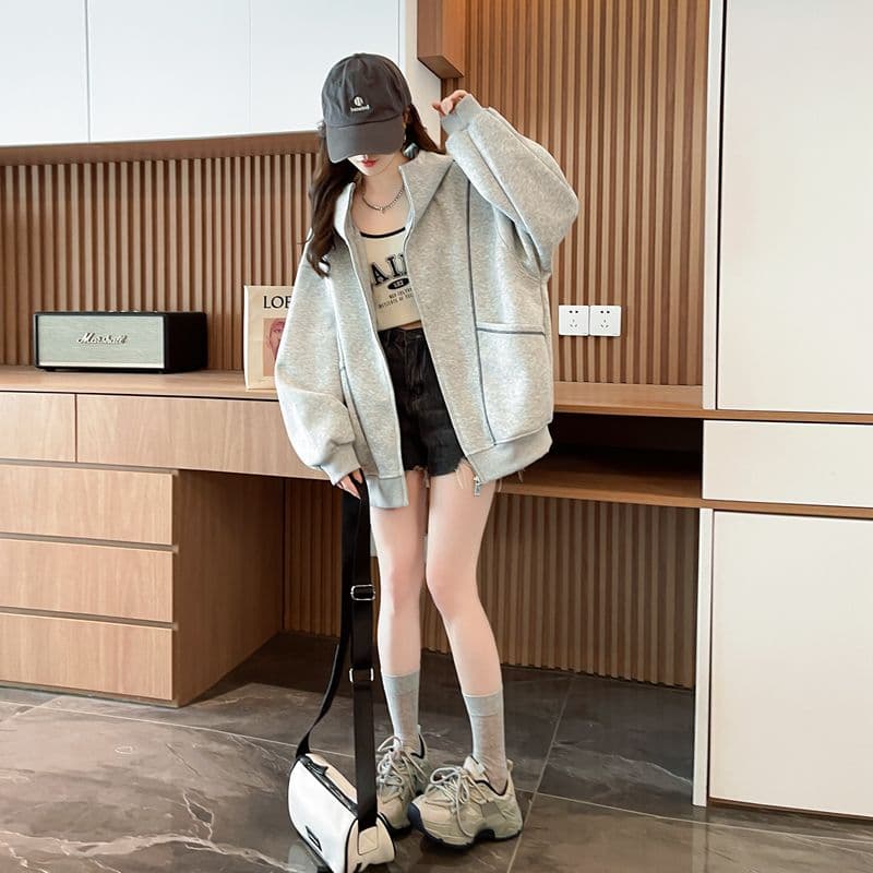 순수한 Mianhua 면 복합 우유 실크 한국 스타일 루즈핏 후드 재킷 얇은 스타일 후드티 여성 상세 이미지 12