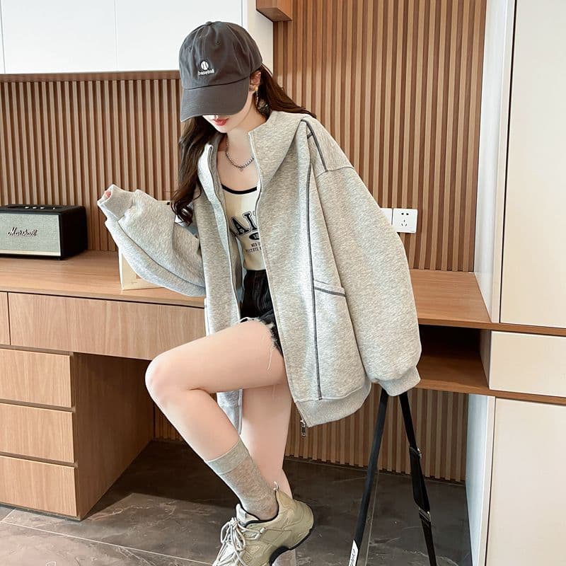 순수한 Mianhua 면 복합 우유 실크 한국 스타일 루즈핏 후드 재킷 얇은 스타일 후드티 여성 상세 이미지 13