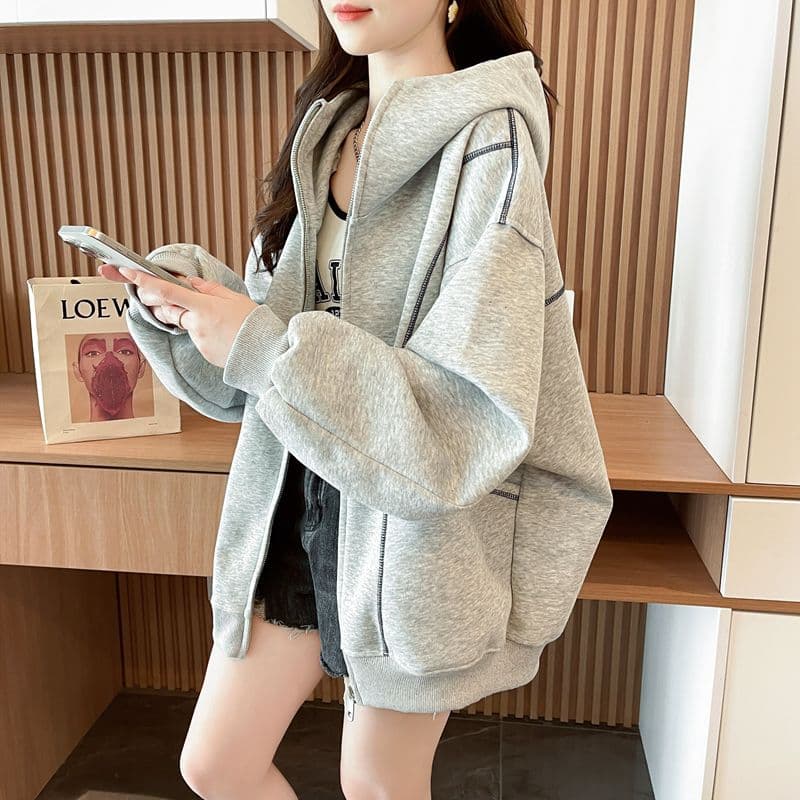 순수한 Mianhua 면 복합 우유 실크 한국 스타일 루즈핏 후드 재킷 얇은 스타일 후드티 여성 상세 이미지 15