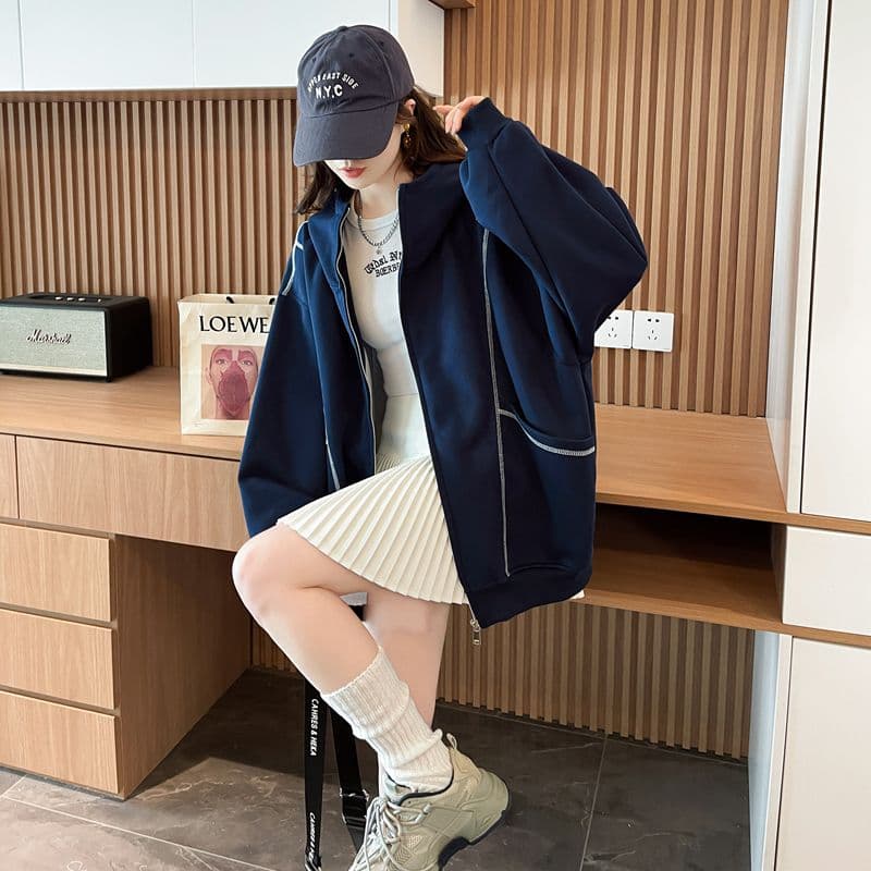 순수한 Mianhua 면 복합 우유 실크 한국 스타일 루즈핏 후드 재킷 얇은 스타일 후드티 여성 상세 이미지 19