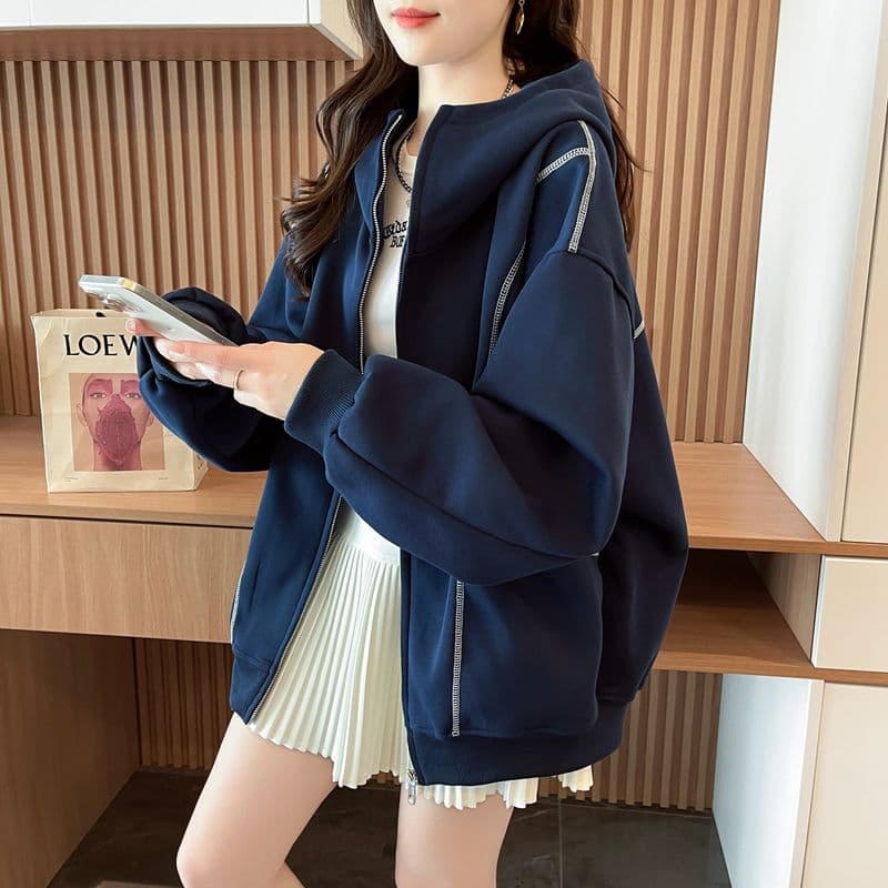 순수한 Mianhua 면 복합 우유 실크 한국 스타일 루즈핏 후드 재킷 얇은 스타일 후드티 여성 상세 이미지 21