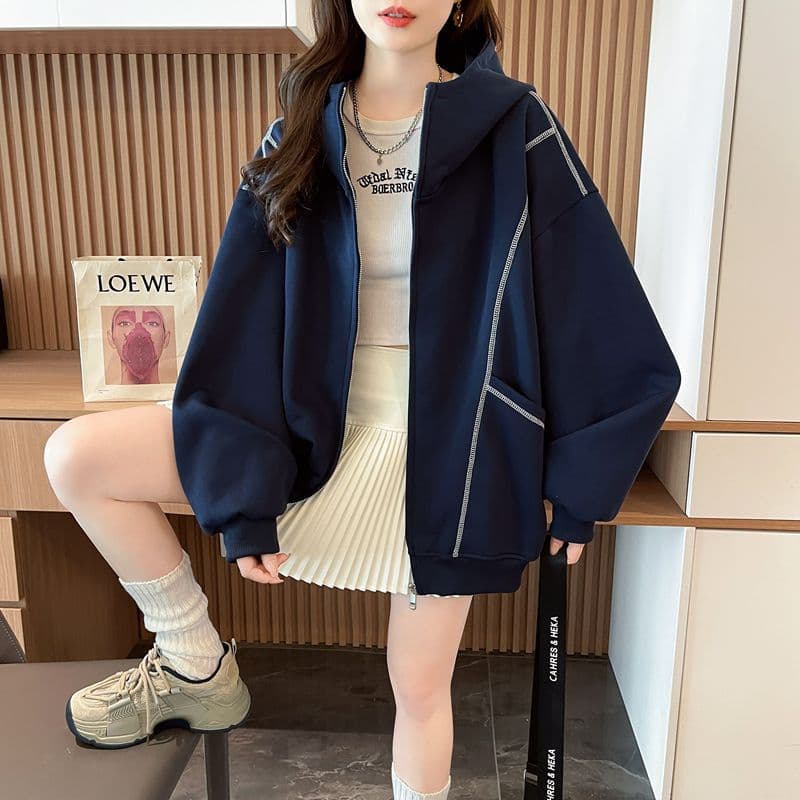 순수한 Mianhua 면 복합 우유 실크 한국 스타일 루즈핏 후드 재킷 얇은 스타일 후드티 여성 상세 이미지 24