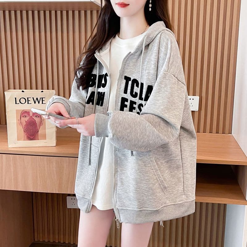 실사 2026 봄과 가을 옷 모방 후아 면 복잡한 우유 실크 빅 사이즈 지방 mm 지퍼 재킷 얇은 스타일 후드티 여성