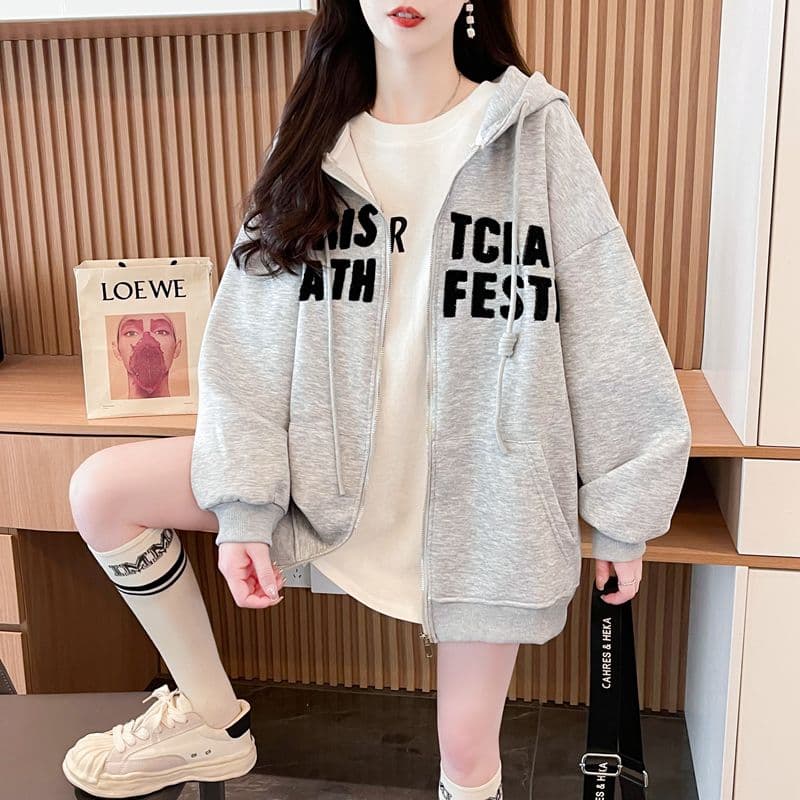 실사 2026 봄과 가을 옷 모방 후아 면 복잡한 우유 실크 빅 사이즈 지방 mm 지퍼 재킷 얇은 스타일 후드티 여성 상세 이미지 20
