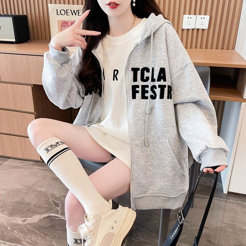 실사 2026 봄과 가을 옷 모방 후아 면 복잡한 우유 실크 빅 사이즈 지방 mm 지퍼 재킷 얇은 스타일 후드티 여성 상세 이미지 21