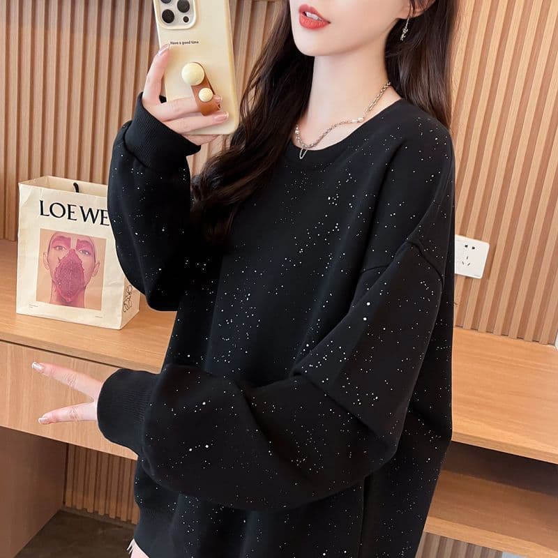 실사 2026 봄과 가을 옷 모방 후아 면 복잡한 우유 실크 빛나는 라운드 넥 빅 사이즈 얇은 스타일 후드티 여성 이미지 3