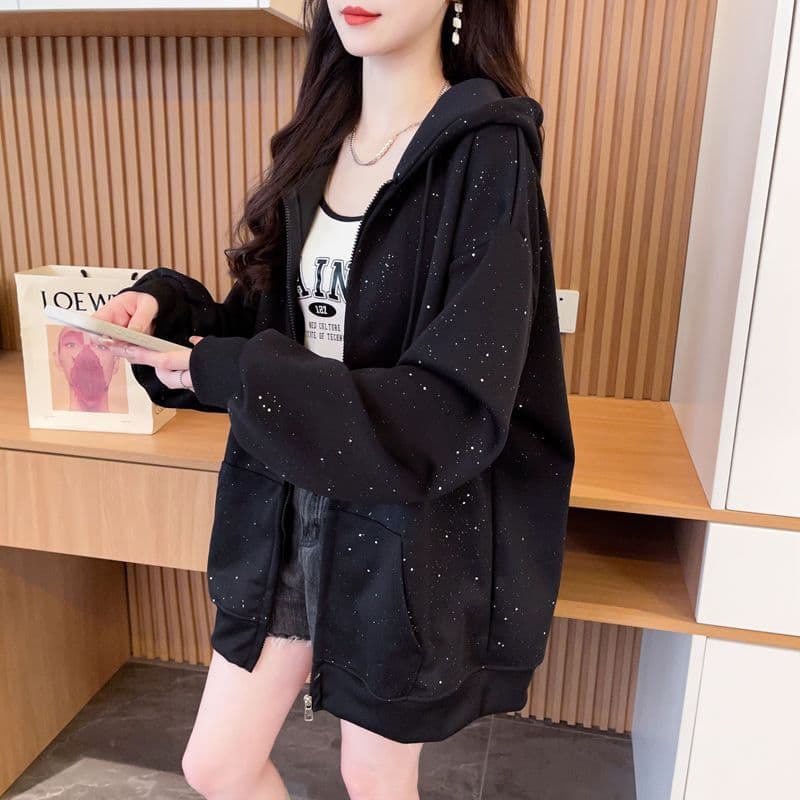 실사 2026 봄과 가을 옷 모방 후아 면 복잡한 우유 실크 빛나는 지퍼 빅 사이즈 얇은 스타일 후드티 여성