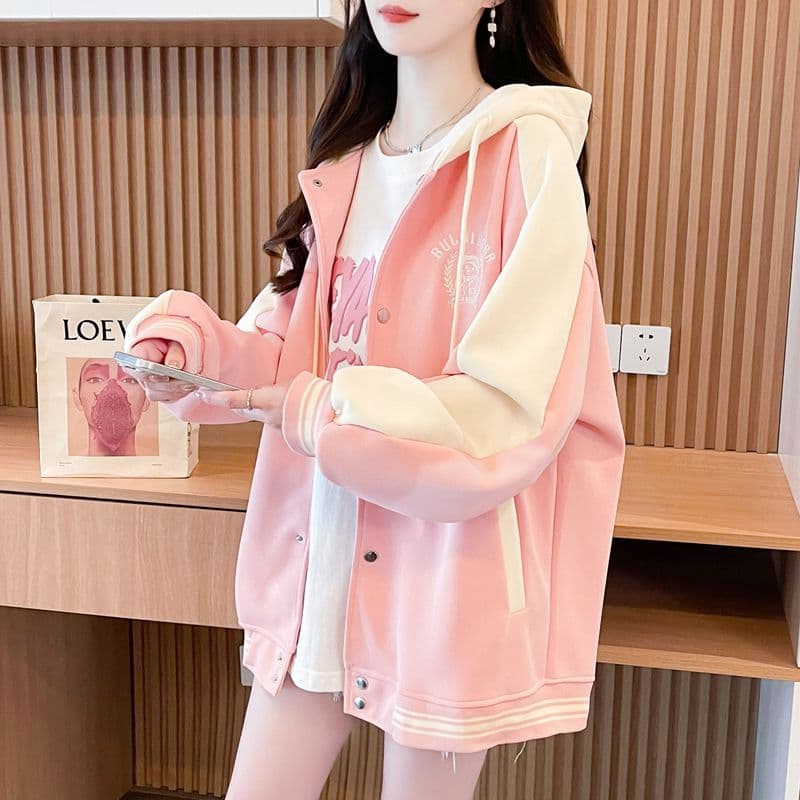 실사 2026 봄과 가을 옷 모방 후아 면 복잡한 우유 실크 빅 사이즈 야구 외투 페이크 레이어드 얇은 스타일 후드티 여성