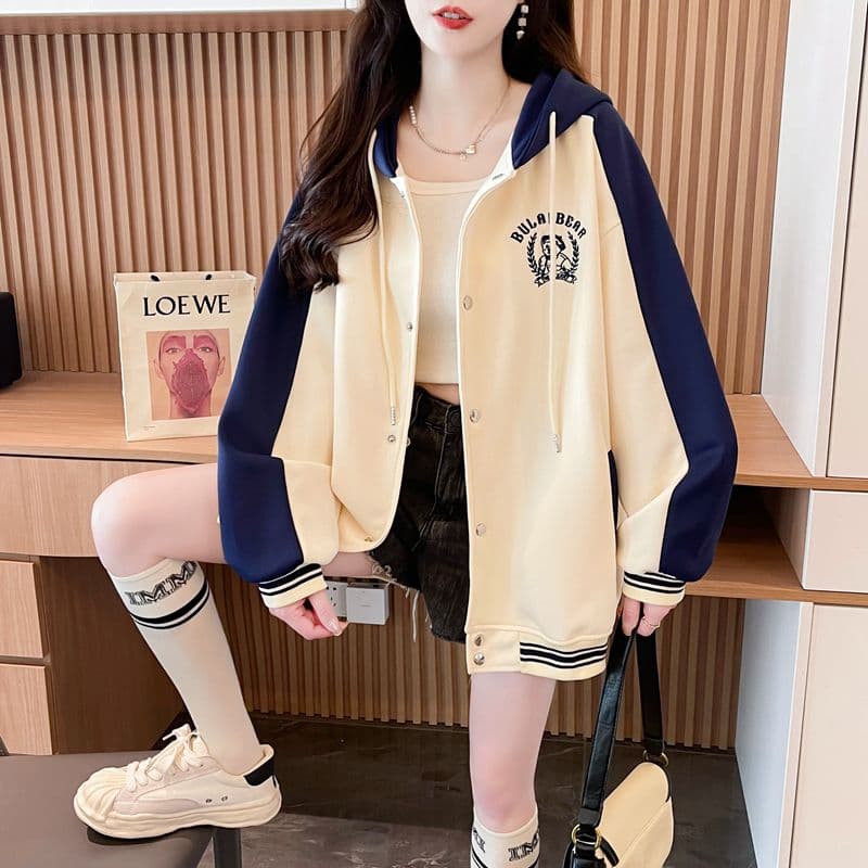 실사 2026 봄과 가을 옷 모방 후아 면 복잡한 우유 실크 빅 사이즈 야구 외투 페이크 레이어드 얇은 스타일 후드티 여성 상세 이미지 3