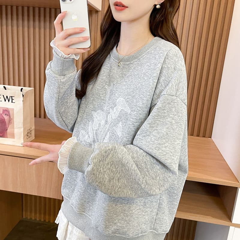 실사 2026 가을 겨울 순수한 Mianhua 면 복합 우유 실크 루즈핏 자수 후드티 여성 상세 이미지 6