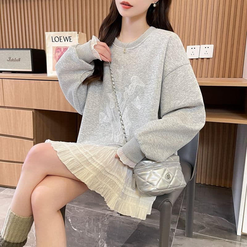 실사 2026 가을 겨울 순수한 Mianhua 면 복합 우유 실크 루즈핏 자수 후드티 여성 상세 이미지 9