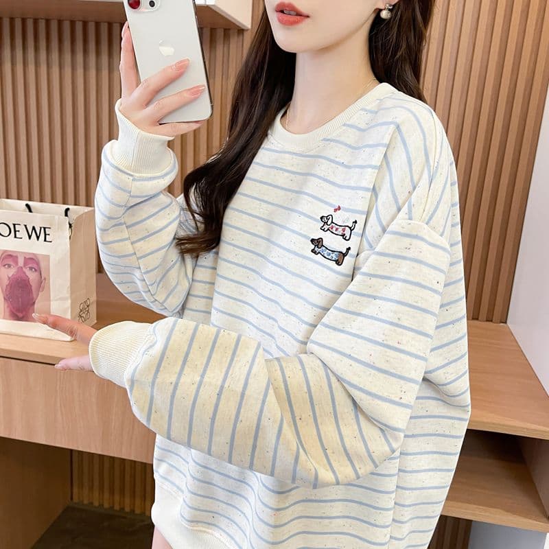 실사 2026 가을 겨울 후아 면 복합 우유 실크 루즈핏 자수 스트라이프 후드티 여성 상세 이미지 6