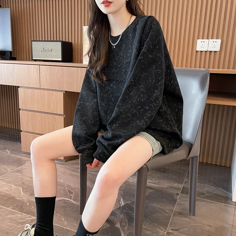 실사 2026 가을 겨울 순수한 Mianhua 면 복합 우유 실크 마 오래된 얇은 스타일 더러운 더러운 홀치기 염색 루즈핏 후드티 여성 상세 이미지 2