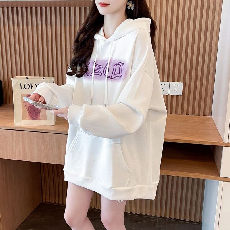 실사 2026 봄과 가을 옷 모방 후아 면 복합 우유 실크 루즈핏 빅 사이즈 후드 얇은 스타일 후드티 여성 상세 이미지 14