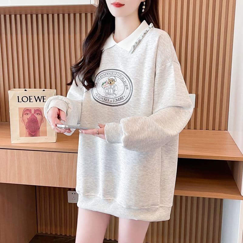 실사 2026 봄 가을 모방 후아 면 복잡한 우유 실크 POLO 칼라 빅 사이즈 지방 mm 맨위 얇은 스타일 후드티 여성 이미지 2