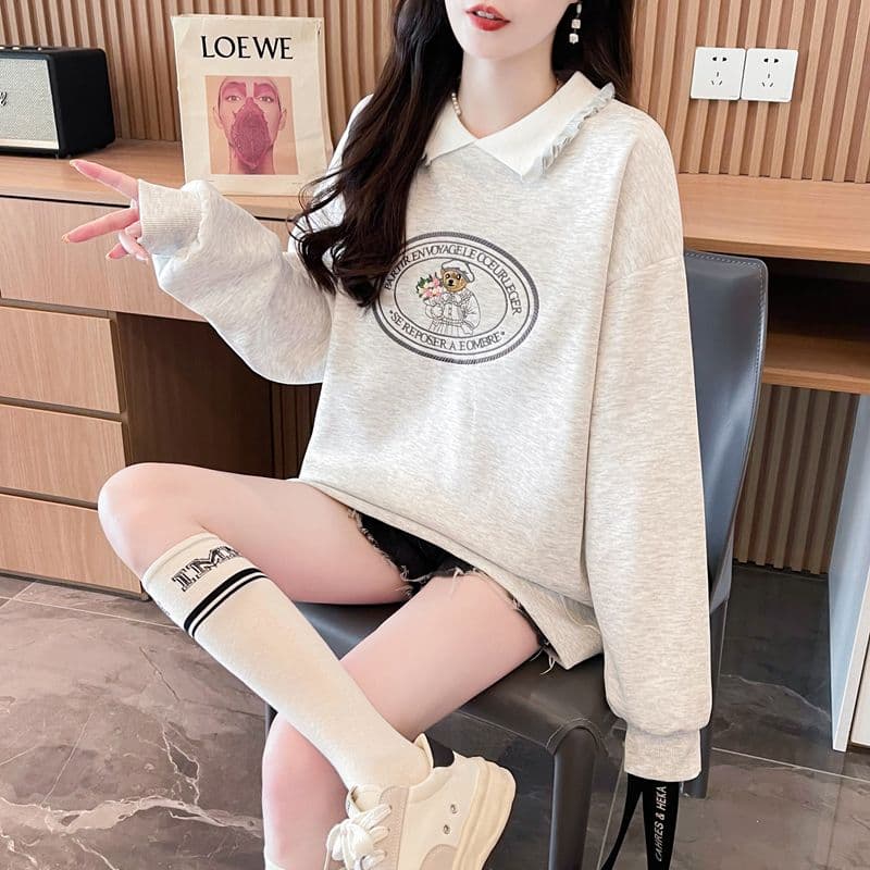 실사 2026 봄 가을 모방 후아 면 복잡한 우유 실크 POLO 칼라 빅 사이즈 지방 mm 맨위 얇은 스타일 후드티 여성 상세 이미지 2