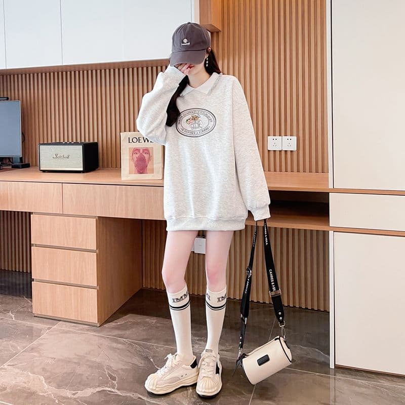 실사 2026 봄 가을 모방 후아 면 복잡한 우유 실크 POLO 칼라 빅 사이즈 지방 mm 맨위 얇은 스타일 후드티 여성 상세 이미지 4