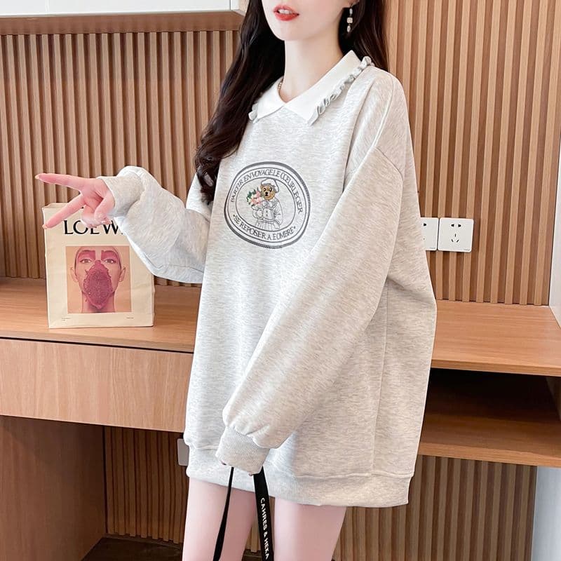 실사 2026 봄 가을 모방 후아 면 복잡한 우유 실크 POLO 칼라 빅 사이즈 지방 mm 맨위 얇은 스타일 후드티 여성 상세 이미지 6